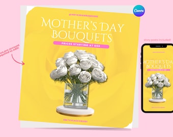 Folheto de Dia das Mães, Venda de Floricultura, Feliz Dia das Mães, Folheto para Florista, Postagem de Florista, Buquês de Dia das Mães, Folheto de Buquê de Flores