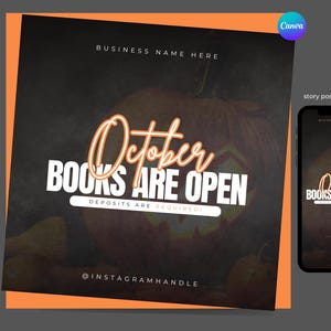 Puede incluir: Gráfico con temática de Halloween con una calabaza tallada y el texto "October BOOKS ARE OPEN". El diseño utiliza una combinación de colores naranja y negro, con un teléfono móvil que muestra el mismo texto. También incluye el texto "DEPOSITS ARE REQUIRED!"
