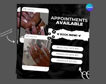 Flyer para agendamento de manicure, modelo editável no Canva (download digital)