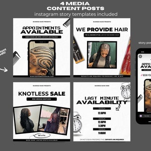 Può includere: Quattro modelli di storie Instagram per un'attività di trecce. I modelli presentano immagini di donne con acconciature intrecciate, testo che dice "Appuntamenti disponibili", "Offriamo capelli", "Vendita di trecce senza nodi" e "Disponibilità dell'ultimo minuto".