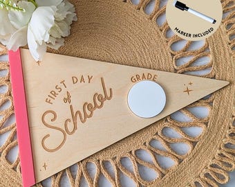 First Day School Pennant | Wood & Acrylic Photo Prop Sign (Dry Erase)