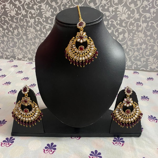 Beautiful Indian Jewellery Mirror Earring and Maang Tikka 3 pic Pearl Earring Set and Different Color