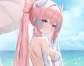 May include: A pink-haired anime character with purple eyes wearing a white swimsuit and thigh-high socks sits on a beach with a white umbrella in the background.