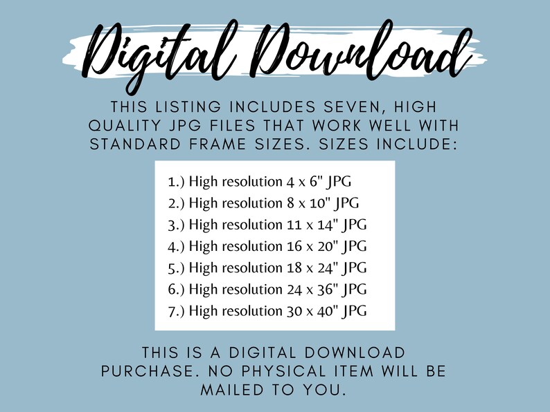 Pode incluir: Lista de download digital para sete arquivos JPG de alta resolu&ccedil;&atilde;o em v&aacute;rios tamanhos, incluindo 4 x 6 polegadas, 8 x 10 polegadas, 11 x 14 polegadas, 16 x 20 polegadas, 18 x 24 polegadas, 24 x 36 polegadas e 30 x 40 polegadas. Esta lista &eacute; para um download digital apenas, nenhum item f&iacute;sico ser&aacute; enviado.