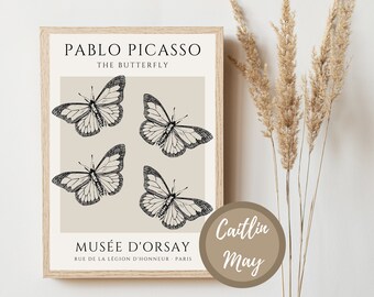 Pôster da Exposição de Borboletas de Picasso, Impressão Artística em Tons Neutros (Download Digital)