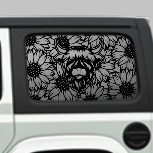 Sunflower and highland cow side window decals that fit Jeep Wranglers 2dr and 4dr