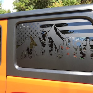 Fits Jeep Wrangler side window decals (Flag/trees/mountains)
