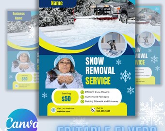 Puede incluir: Un folleto azul y amarillo con copos de nieve y una mujer soplando nieve. El folleto anuncia servicios de remoción de nieve a partir de $50. El texto en el folleto dice "Servicio de remoción de nieve", "Arado de nieve eficiente", "Paquetes personalizados", "Deshielo de aceras y entradas de vehículos", "Visite nuestro sitio web website.com", "Llámenos 555-555-5555" y "Folletos editables".