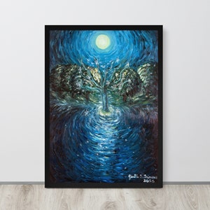 Download Digitale de "Il Lago delle Stelle", Prodotto Digitale, Stampa, Dipinto a Olio, Paesaggio, Luna Piena, Arte Originale, Arte Murale