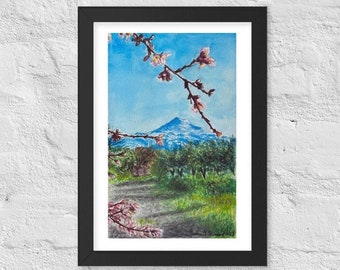 Stampa con Cornice di "Monte Etna e Fiori di Mandorlo", Dipinto, Acquerello, Poster, Arte Originale, Paesaggio, Sicilia, Alberi, Arte Murale