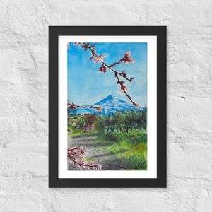 Stampa con Cornice di Monte Etna e Fiori di Mandorlo, Dipinto, Acquerello, Poster, Arte Originale, Paesaggio, Sicilia, Alberi, Arte Murale Nero