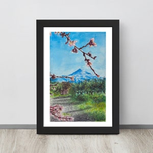 Stampa con Cornice di Monte Etna e Fiori di Mandorlo, Dipinto, Acquerello, Poster, Arte Originale, Paesaggio, Sicilia, Alberi, Arte Murale immagine 5