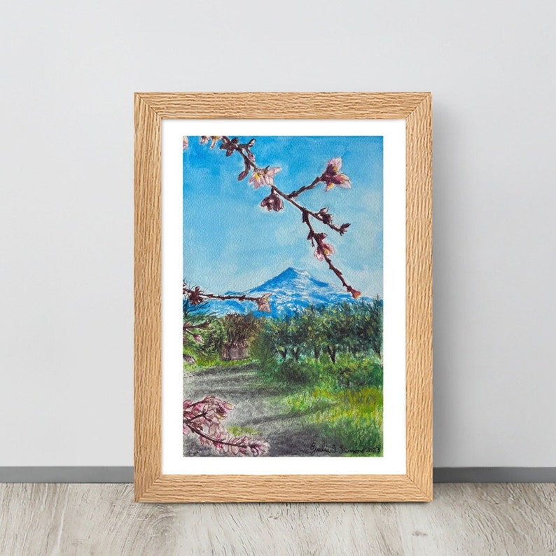 Stampa con Cornice di Monte Etna e Fiori di Mandorlo, Dipinto, Acquerello, Poster, Arte Originale, Paesaggio, Sicilia, Alberi, Arte Murale immagine 6