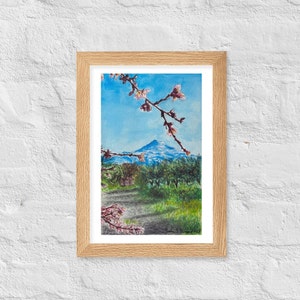 Stampa con Cornice di Monte Etna e Fiori di Mandorlo, Dipinto, Acquerello, Poster, Arte Originale, Paesaggio, Sicilia, Alberi, Arte Murale Oak