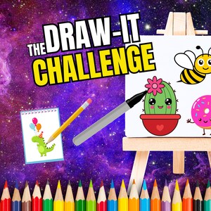 May include: A drawing challenge with the text "The Draw-It Challenge" in yellow letters on a purple background with stars. The challenge includes drawing a bee, a cactus, and a donut. There is a notepad with a drawing of a dinosaur on it and a set of colored pencils.