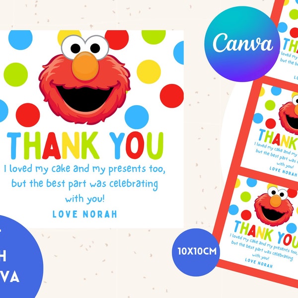 Personalised character, children's birthday party favour tag, birthday invite, sesame, elmo, treat tags, Thankyou card,DIGITAL DOWNLOAD