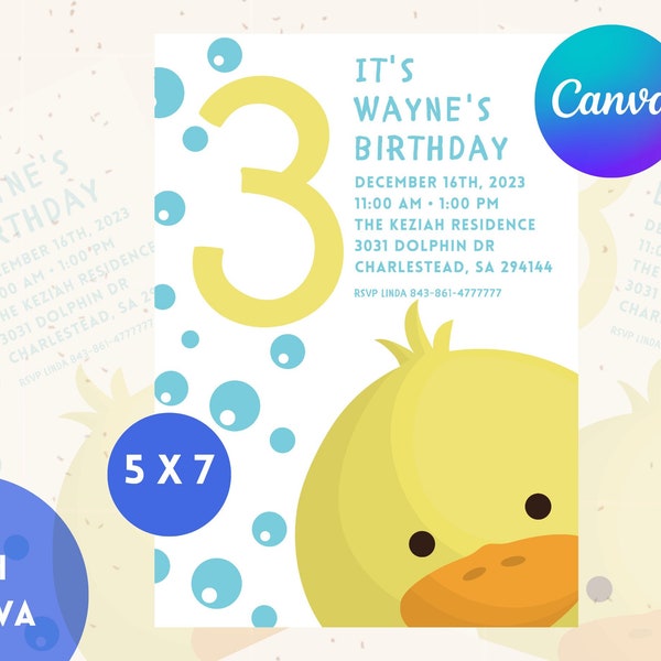 Personalised duck ducky children's birthday party invitation, fun birthday invite, duck bubbles invitation, girls boys ,DIGITAL DOWNLOAD