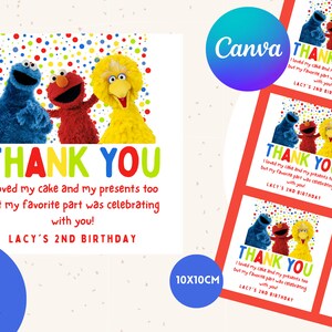 Personalised character, children's birthday party favour tag, birthday invite, sesame, elmo, treat tags, Thankyou card,DIGITAL DOWNLOAD