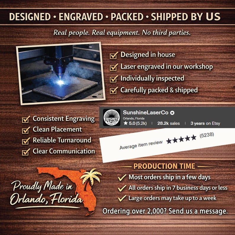 May include: A dark wood-grain background featuring text and graphics about SunshineLaserCo. It includes a photo of a laser engraver, a list of production steps, a 5-star review graphic, and a Florida map icon with the text Proudly Made in Orlando, Florida.