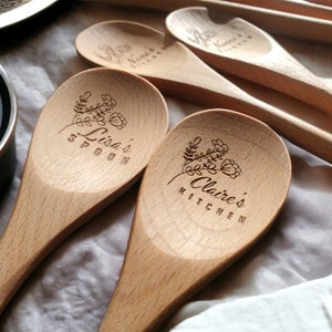 Custom Engraved Wooden Stirring Spoon, Custom Text, Personalized Wood Kitchen Mixing Spoon 12-inch, Flower Design, Gift For Mom / Grandma