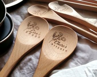 Custom Engraved Wooden Stirring Spoon, Custom Text, Personalized Wood Kitchen Mixing Spoon 12-inch, Flower Design, Gift For Mom / Grandma