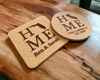 Custom Engraved HOME State Drink Coasters With Personalized Text, Square or Round Cork Coaster, Housewarming Gift, New Homeowner Gifts