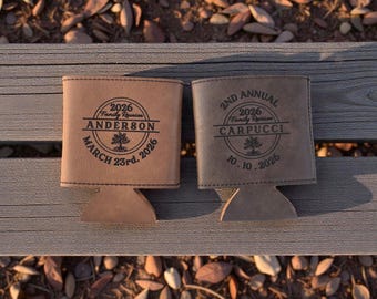 Family Reunion Party Favors, Custom Engraved Leatherette Can Holder, Beverage Holder, Bulk Reunion Keepsakes, Personalized Family Party Gift