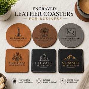 May include: Six leather coasters with laser-engraved logos. Three are circular in tan, brown, and gray, while three are square in tan, black, and dark gray. Each features unique business branding, including Harborview, Willow Creek, and Summit Realty.