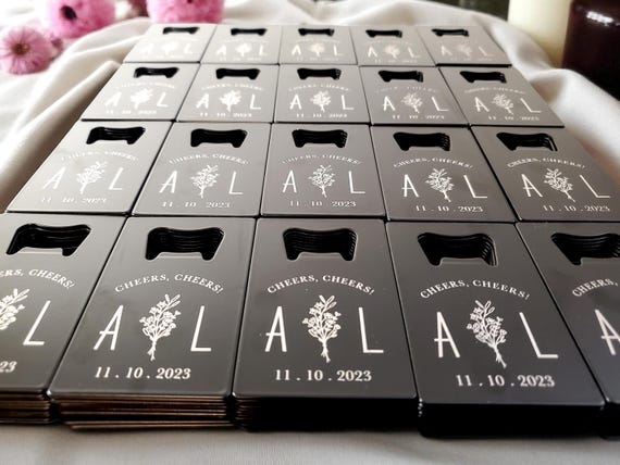 Personalized Engraved Bottle Opener, Bulk Wedding Favor, Wedding Guest Gifts, Magnet Or Wallet Friendly Beer Openers