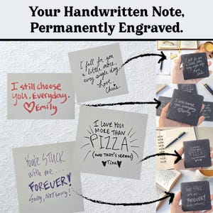 May include: Image features personalized engraved slate coasters with handwritten notes. The text includes phrases like "I still choose you, everyday" and "I love you more than pizza." The coasters are a unique gift idea.