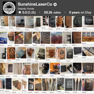May include: A collage of customer reviews for SunshineLaserCo featuring various laser-engraved items including wooden spoons, slate coasters, leatherette can coolers, and playing cards, all displaying custom text, dates, and graphic designs.