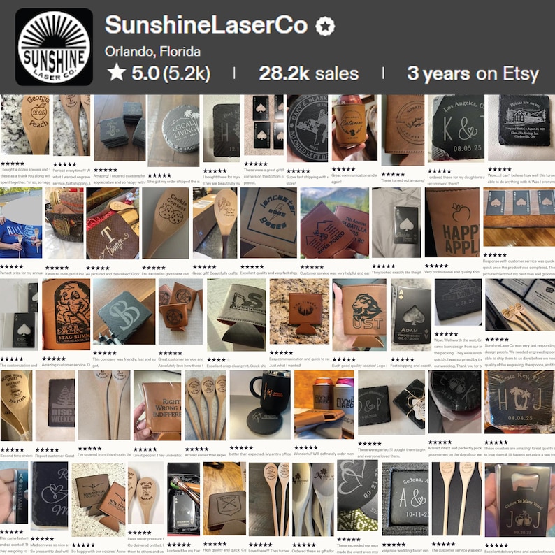 May include: A collage of customer reviews for SunshineLaserCo featuring various laser-engraved items including wooden spoons, slate coasters, leatherette can coolers, and playing cards, all displaying custom text, dates, and graphic designs.