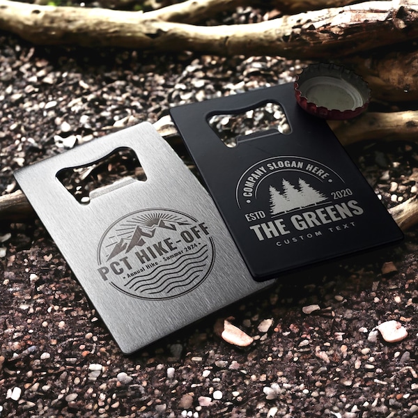 Custom Wallet Bottle Opener, Personalized Outdoors Gift, Hiking, Mountains, Trees, Fits In Wallet, Customize Our Designs Or Send Your Logo