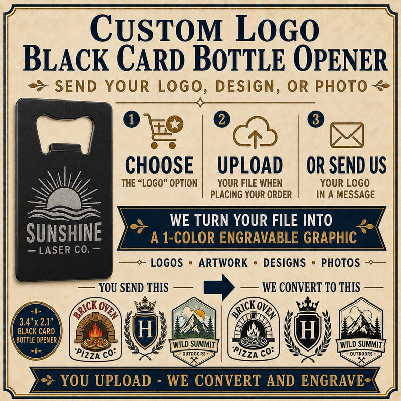 May include: A black rectangular credit card-sized bottle opener with a laser-engraved sun and wave graphic. The image includes instructional text for custom engraving services, showing a 3.4 inch by 2.1 inch size and examples of logos.