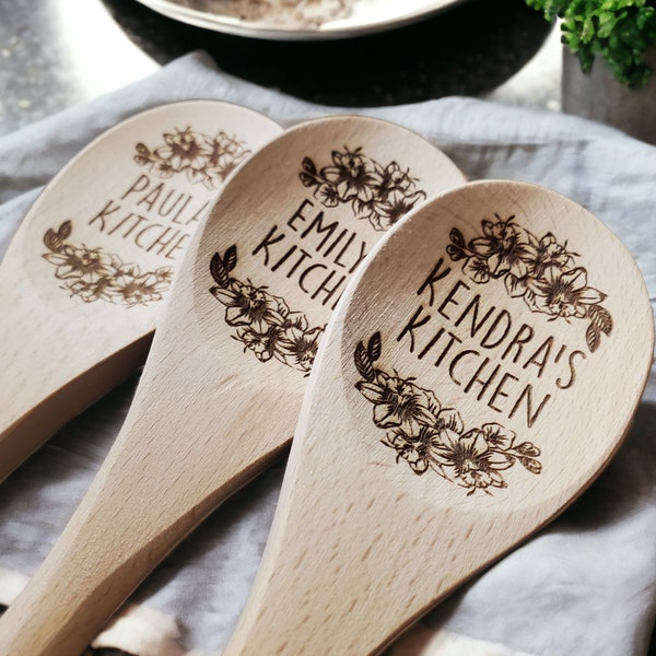 Personalized Flower Spoon, Custom Engraved Wooden Stirring Spoon, Gift For Her / Mom / Wife / Grandma, Wood Kitchen Mixing Spoon, 12 Inches