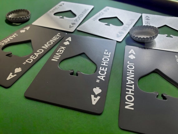 Personalized Ace of Spades Bottle Opener, Steel Wallet Card for Poker Players, Custom Text Laser Engraved Beer Openers