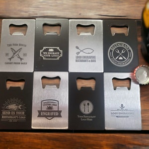 Custom Engraved Logo Bottle Openers, Black, Thick Steel, Card Sized, Fits In Wallet, Send Us Your Logo Or Graphic