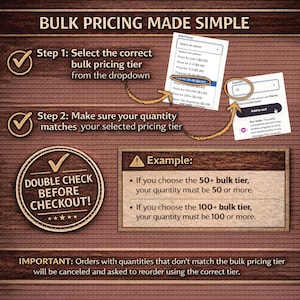May include: An infographic titled "Bulk Pricing Made Simple" on a wood-grain background. It details selecting a pricing tier and matching the quantity. Includes examples and a reminder to double-check before checkout.