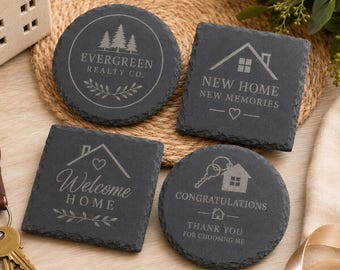 Real Estate Closing Gift, Custom Logo Slate Coasters For Real Estate Agents, Bulk Client Gifts For Home Buyers, Engraved Branding Coasters