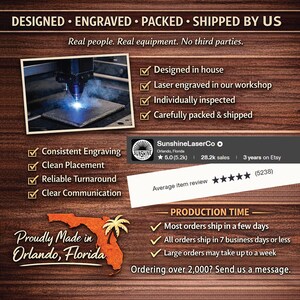 May include: A dark wood-grain background featuring text and graphics about SunshineLaserCo. It includes a photo of a laser engraver, a list of production steps, a 5-star review graphic, and a Florida map icon with the text Proudly Made in Orlando, Florida.
