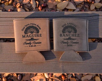 Family Reunion Party Favor, Custom Engraved Leatherette Can Holder, Beverage Holder, Bulk Reunion Keepsakes, Personalized Family Party Gifts