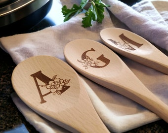 Floral Letter Spoon, Engraved Wooden Stirring Spoon, Custom Flower Monogram, Personalized Wood Kitchen Mixing Spoon, 12-inch Beechwood Spoon