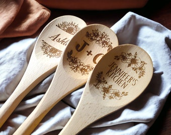 Custom Engraved Wooden Stirring Spoon, Customized Text, Personalized Wood Kitchen Mixing Spoon, Gift For Mom / Grandma / Friends, Flowers