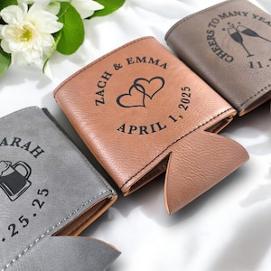 Bulk Wedding Guest Favors, Personalized Leatherette Can Cooler, Laser Engraved Beverage Holder