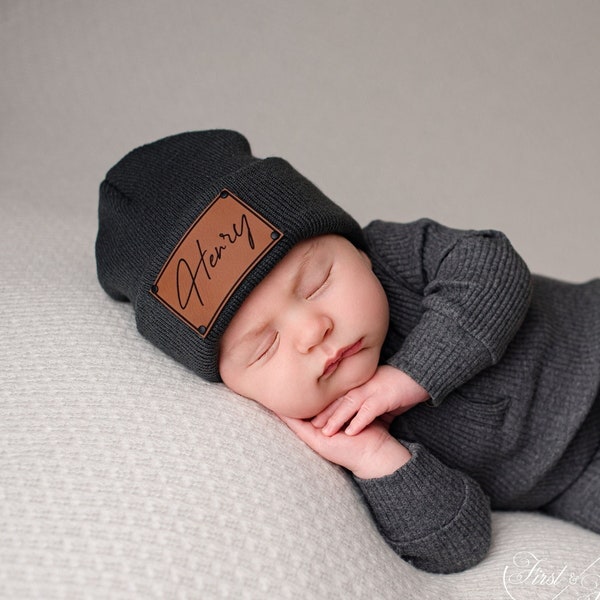 Personalized Hat | Custom Baby Kids Child Baby Newborn Beanie | Slouchy I Name Hat | Baby Shower Gift | Birthday Gift | Leather Patch