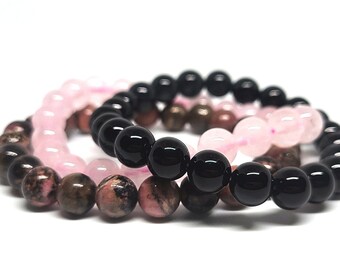 Set of 3 Bracelets, Self Love Bracelets, Healing Crystal Bracelet, Onyx Bracelet, Rose Quartz Bracelet, Rhodonite Bracelet, Healing Crystals