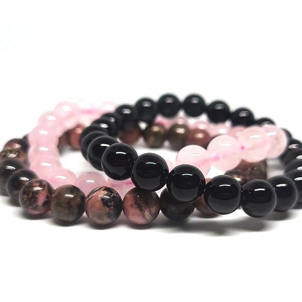 Set of 3 Bracelets, Self Love Bracelets, Healing Crystal Bracelet, Onyx Bracelet, Rose Quartz Bracelet, Rhodonite Bracelet, Healing Crystals