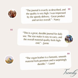 May include: Image features customer testimonials for a product, likely a journal, with quotes praising quality, durability, and speedy delivery. The Trendy Gems logo is at the bottom.