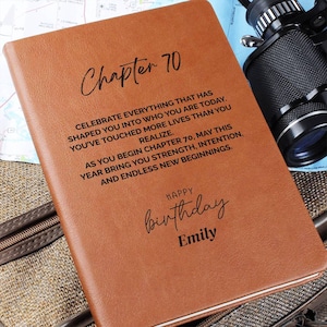 May include: A brown leather journal with the text "Chapter 70" and a birthday message. The journal includes the name "Emily" and a message about celebrating life's journey. A camera and map are in the background.