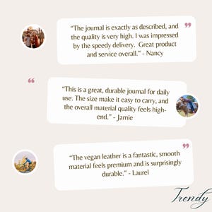 May include: Image features customer testimonials for a product, likely a journal, with quotes praising quality, durability, and speedy delivery. The Trendy Gems logo is at the bottom.